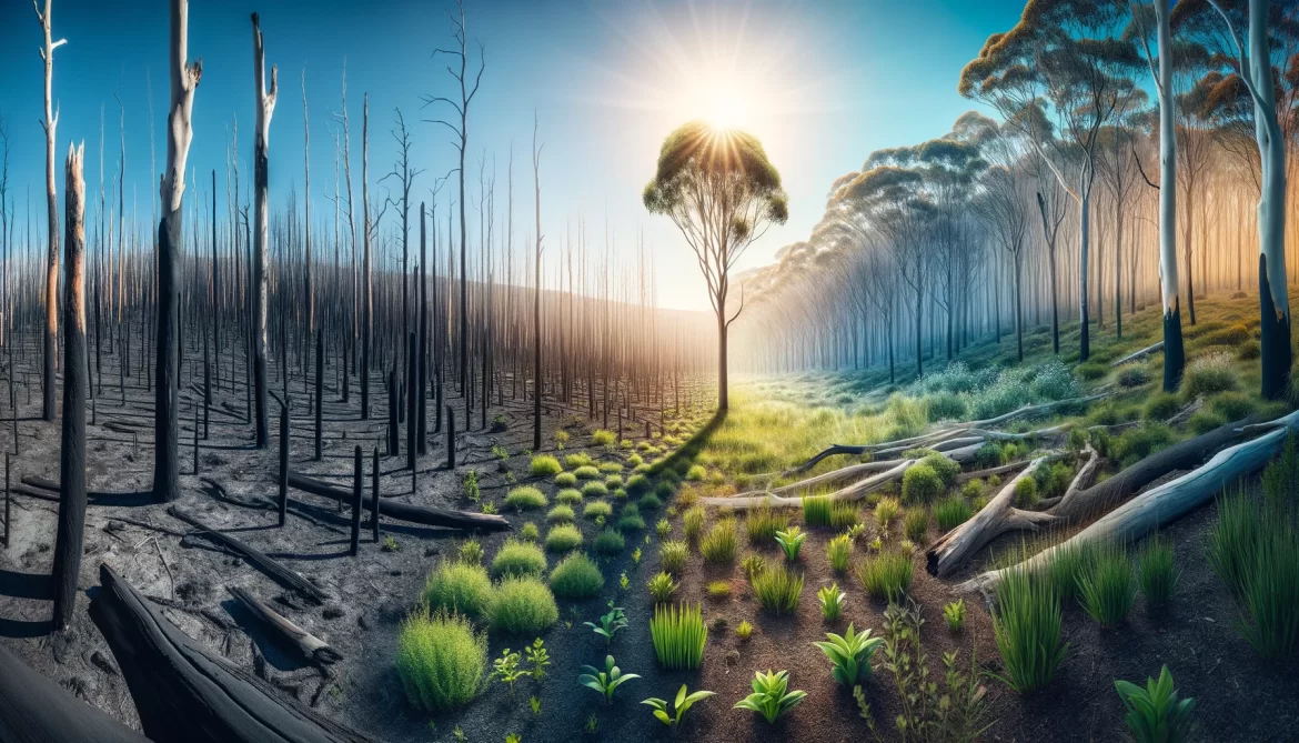 Here is the image depicting the stages of plant regeneration after a bushfire. The scene transitions from a charred landscape on the left to a vibrant, fully regenerated forest on the right, symbolizing hope and renewal.