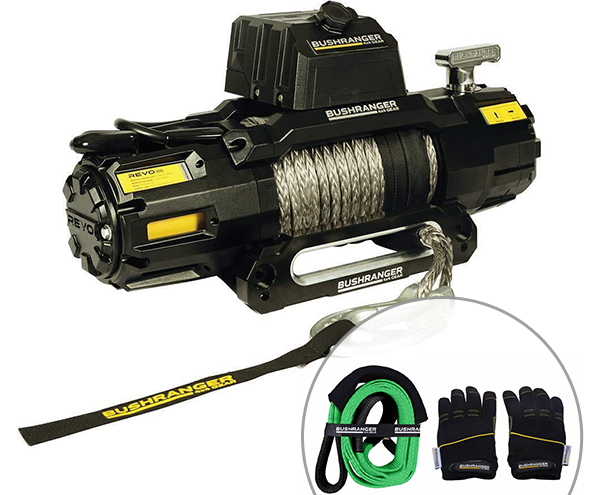 Bushranger Revo 4536kg Synthetic Winch Bundle with Tree Trunk Protector - Recovery Gloves