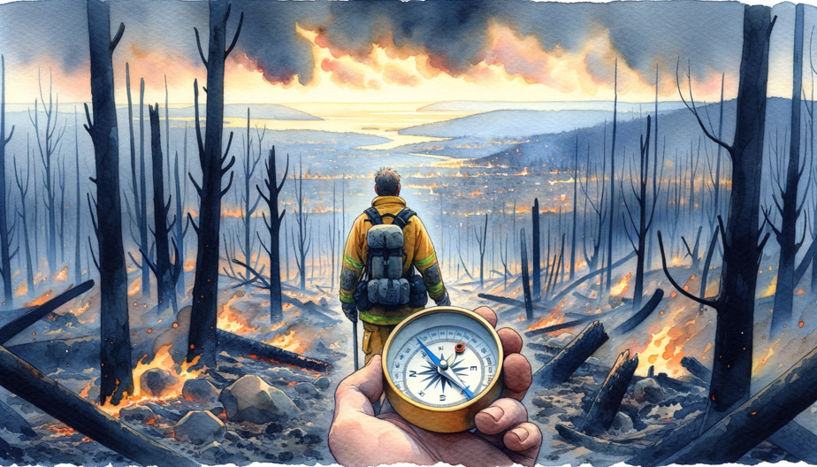 DALL·E 2023-10-25 15.10.48 - Watercolor Painting_ A poignant scene of a lone firefighter, representing various genders and descents, standing amidst the remnants of a burnt forest