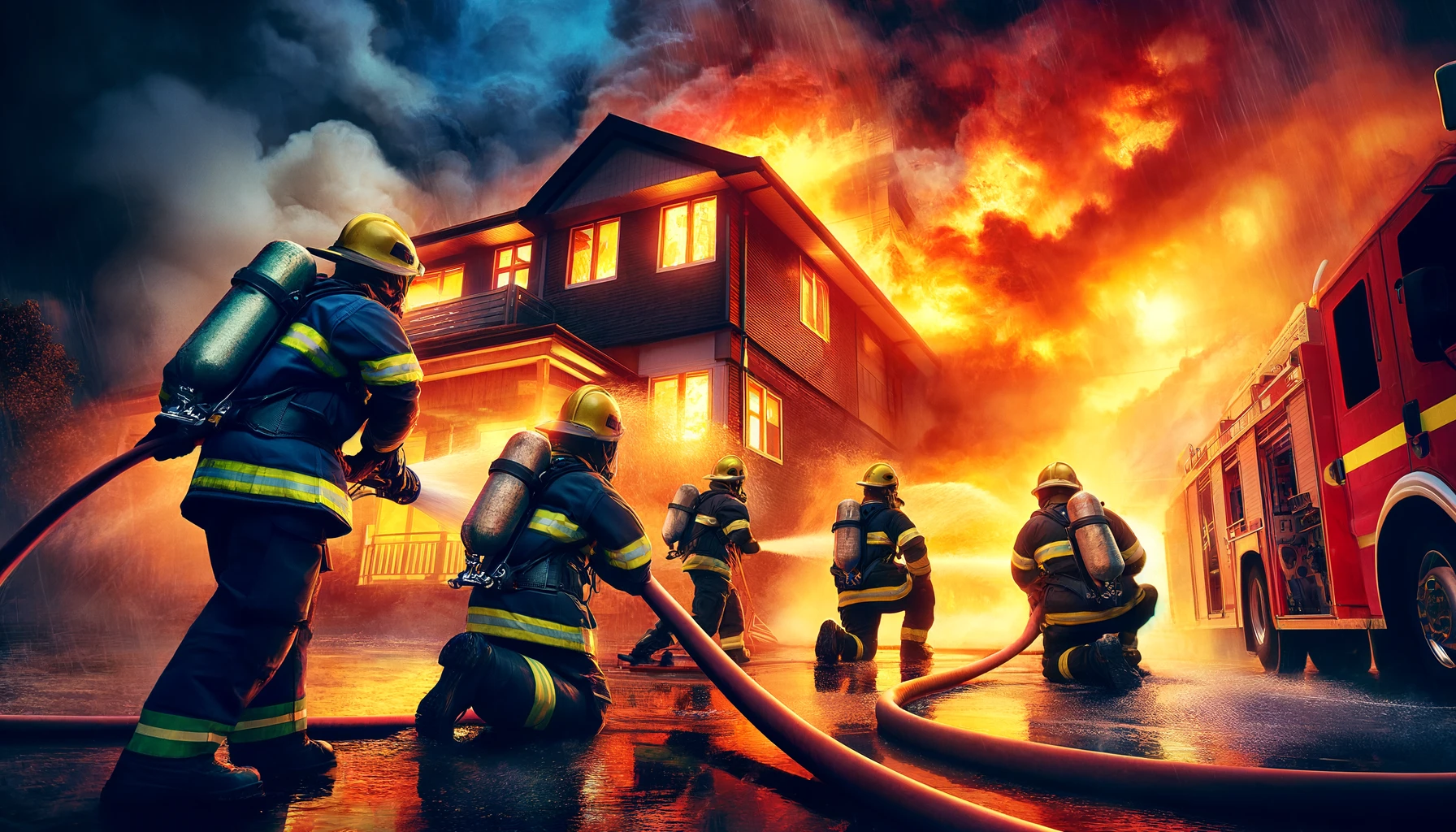 A dramatic and vibrant scene of firefighters in action, tackling a large blaze at a residential building. The image should capture the intensity and b